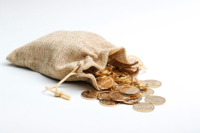 Coins in a cloth bag